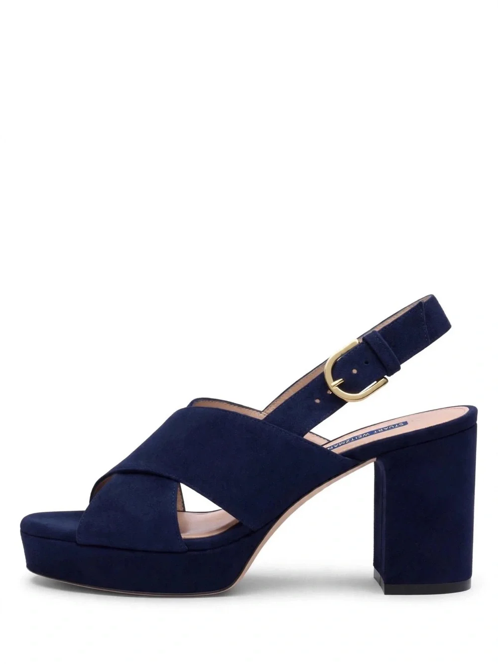Stuart Weitzman Navy Suede Platform Block Heel Sandals.